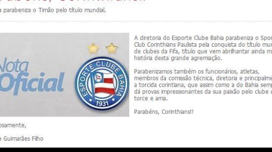Imagem Bahia parabeniza o Corinthians por título Mundial