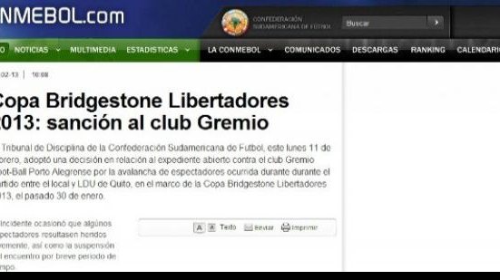 Imagem Conmebol decide fechar setor da avalanche da Arena Grêmio 