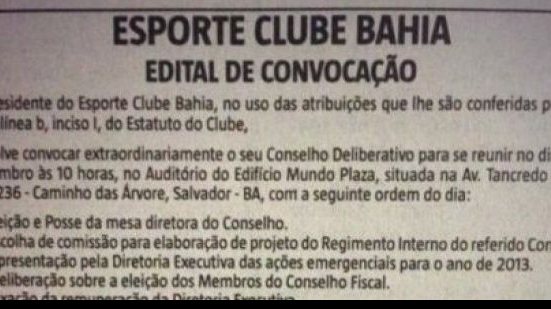 Imagem Bahia convoca novo Conselho Deliberativo para reunião
