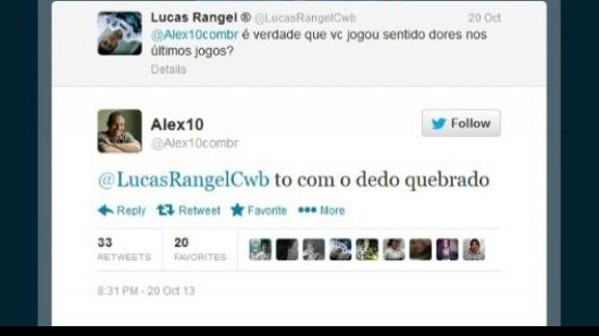 Imagem  No twitter, Alex diz que jogou com dedo quebrado