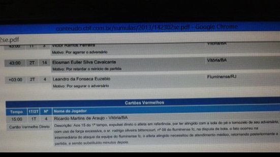 Imagem Em Súmula, Juiz informa que expulsou direto o zagueiro do Vitória