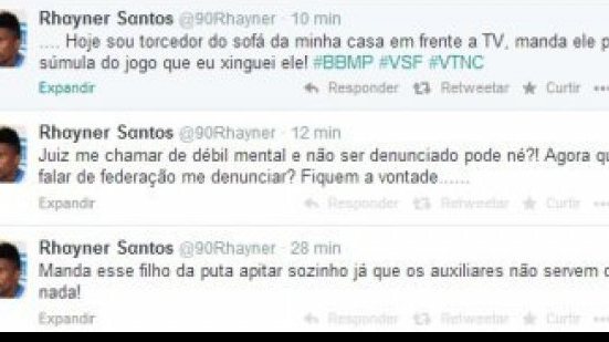 Imagem Rhayner xinga árbitro de Bahia x Serrano no Twitter