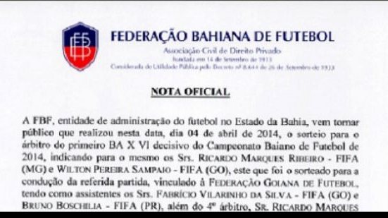 Imagem Através de nota, FBF explica escolha de árbitros de fora no BaVi