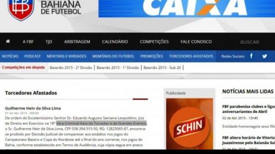 Imagem FBF divulga nomes de torcedores proibidos de entrar em estádios da Bahia 