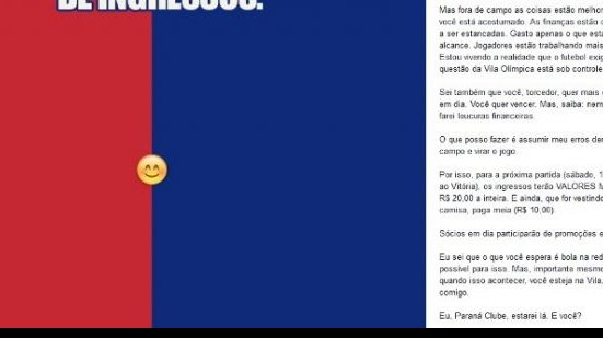 Imagem Paraná diminui valor dos ingressos para duelo com o Vitória e pede desculpas