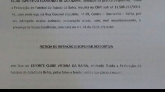 Imagem Caso Victor Ramos: Flamengo de Guanambi entra com denúncia contra o Vitória