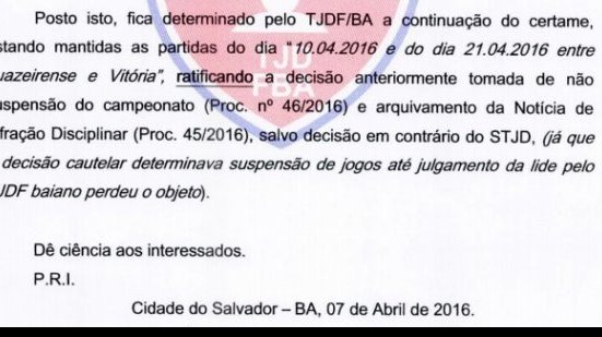 Imagem Decisão do TJD/Ba mantém jogos do Vitória no Baianão