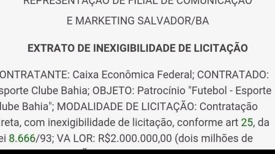 Imagem Contrato entre Caixa e Bahia é publicado no Diário Oficial
