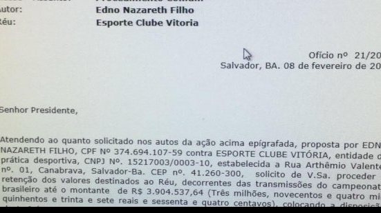 Imagem  Justiça manda bloquear valores de contas do Vitória