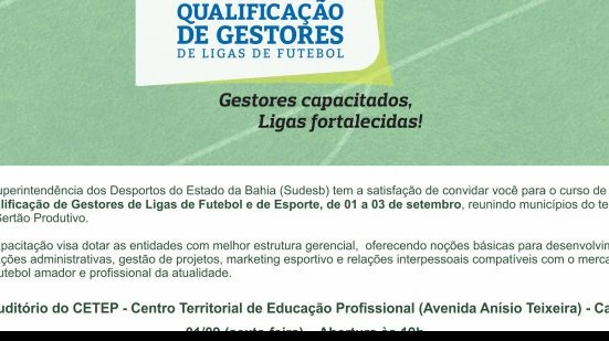 Imagem Curso de Qualificação de Gestores de Ligas de Futebol chega a Caetité