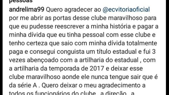 Imagem Atacante se despede do Vitória através de rede social