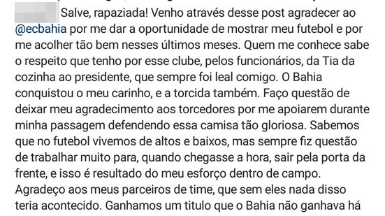 Imagem Volante usa rede social para se despedir do Bahia: 'gratidão por essa camisa'