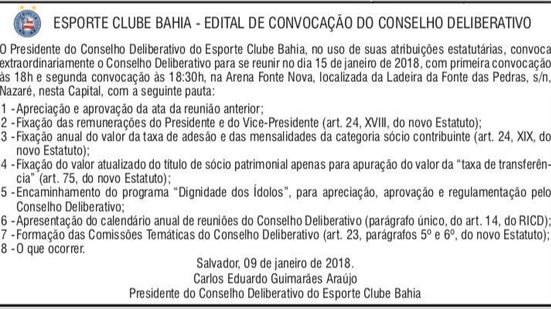 Imagem Conselho do Bahia agenda primeira reunião de 2018