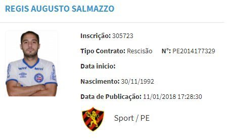 Imagem Rescisão do meia Régis com o Sport é publicada no BID